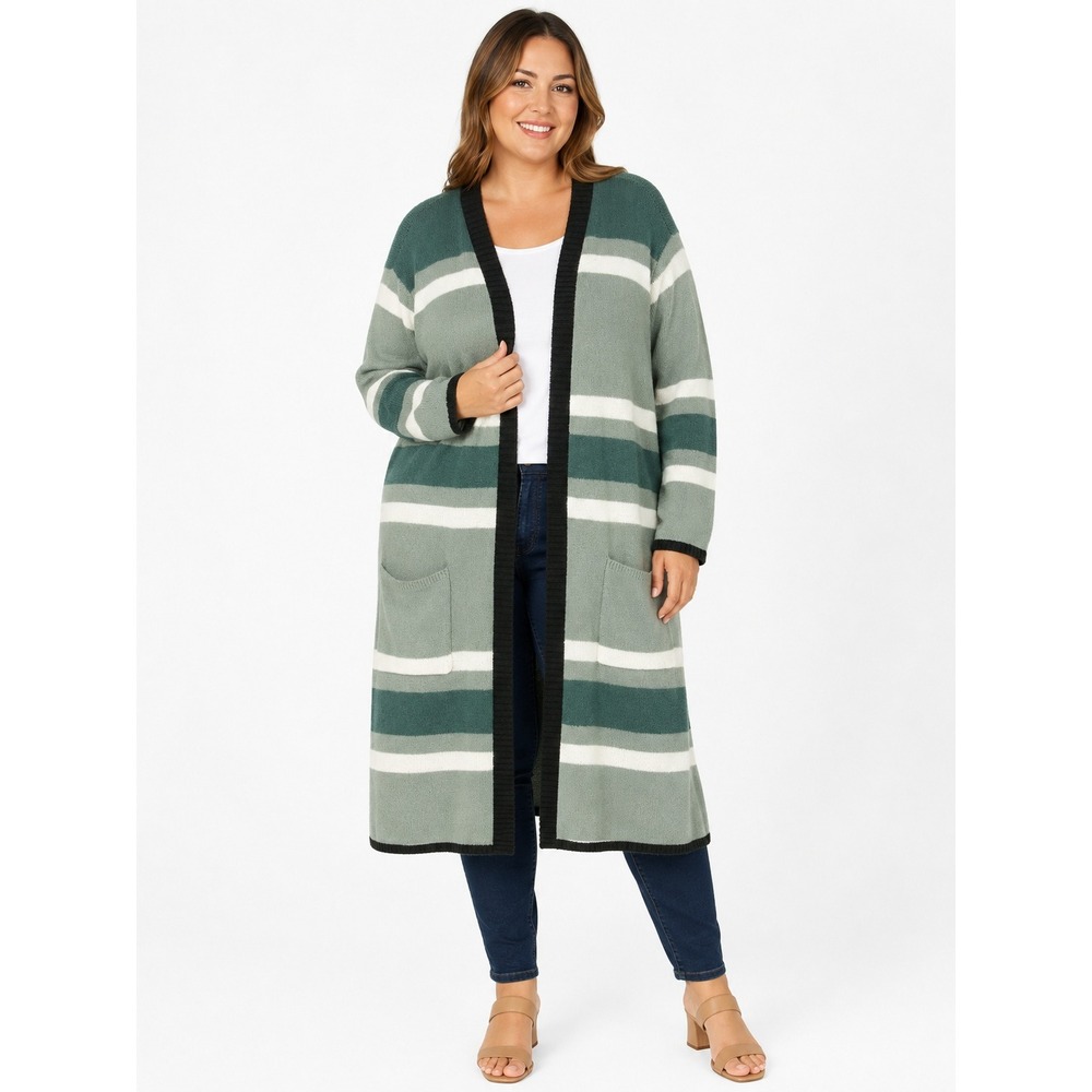 Green Striped Longline Duster Cardigan 20W Knit Sweater Cottage Layer Coastal